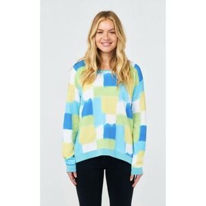 Edinburgh Knitwear Pima Cotton abstract print Knit Crew Sweater blue green M
